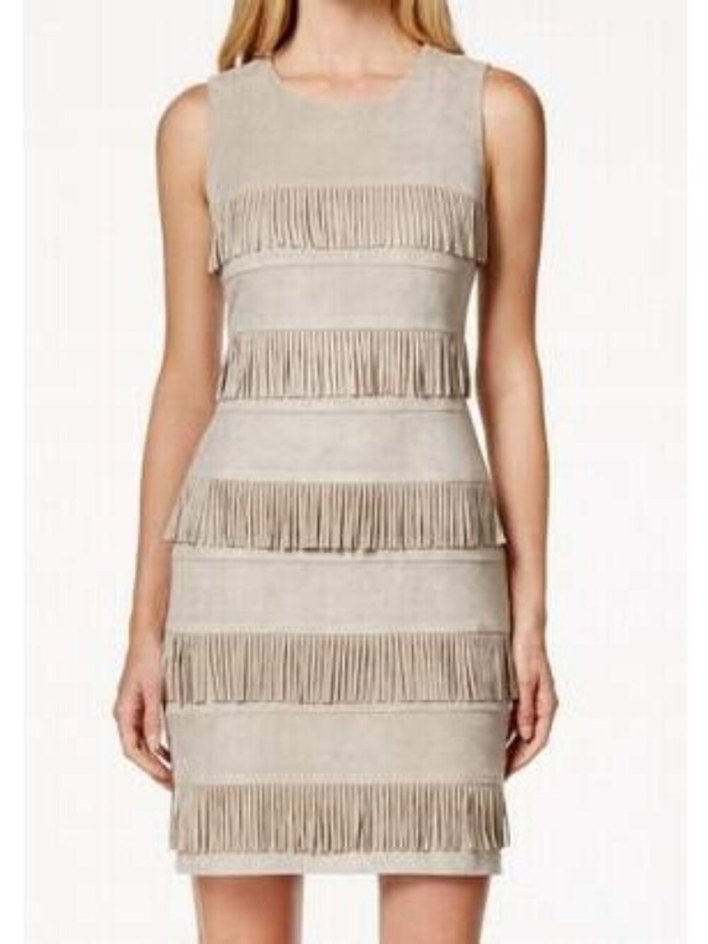 CALVIN KLEIN Faux Suede Fringed Sleeveless Sheath Dress Beige size 6